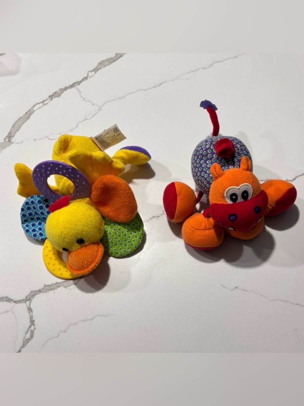 Vintage Plush 2 Infantino Rattles - Vibrating Jingles Cow Yellow Duck Mirror Set